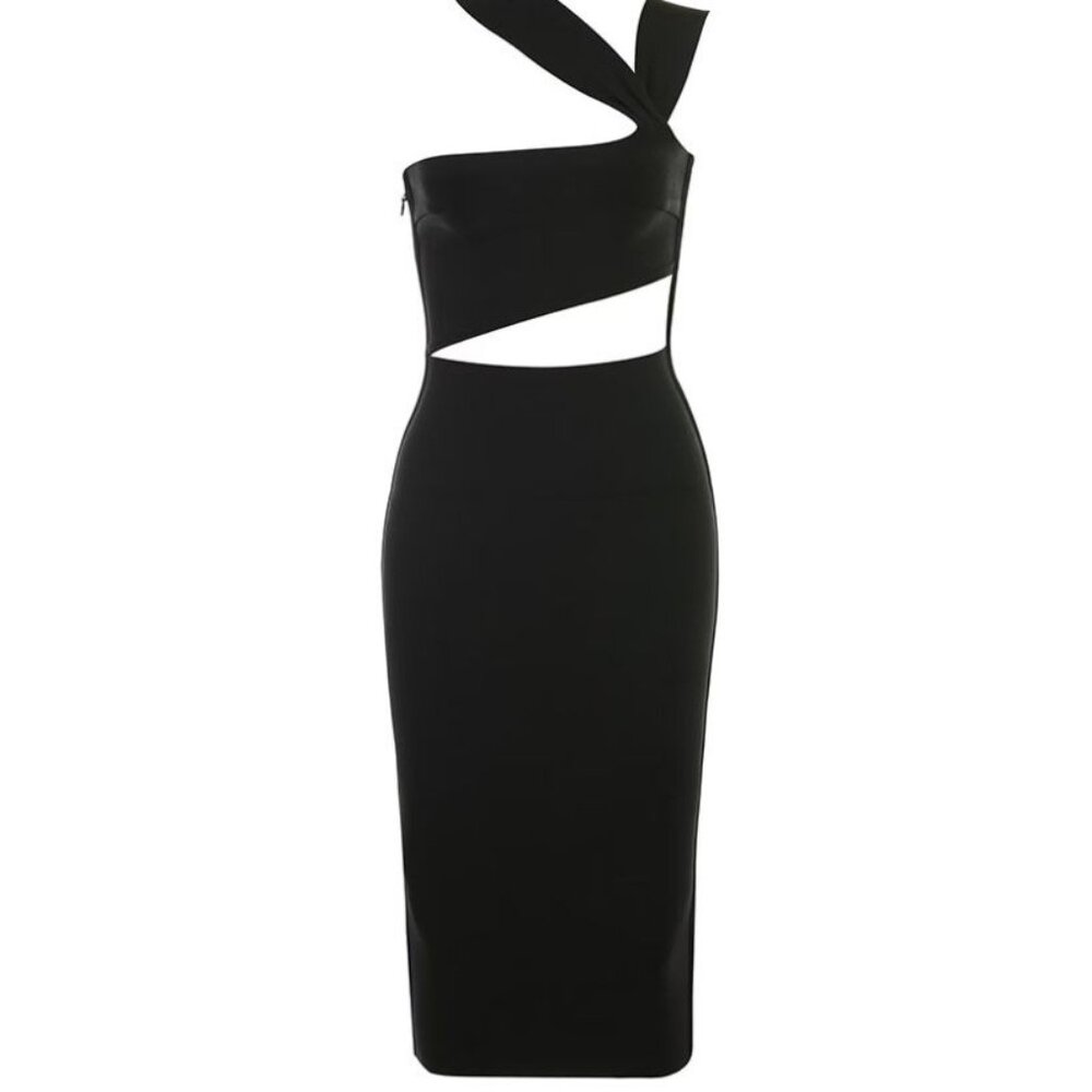 Black One-Shoulder Cutout Midi Dress - Picture 3 of 14